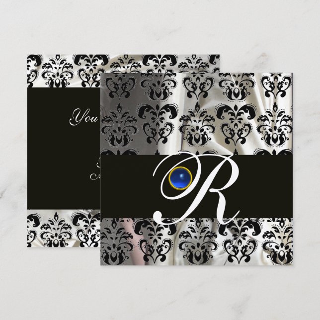 INVITACIÓN SEDA DE PLATA NEGRA DAMASK MONOGRAM SAPPHIRE AZUL (Anverso / Reverso)