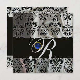 INVITACIÓN SEDA DE PLATA NEGRA DAMASK MONOGRAM SAPPHIRE AZUL