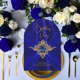 Invitación Seda Falsa Elegante Azul Real Cumpleaños Joyas Dor