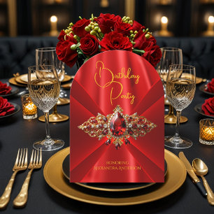 Invitación Seda Falsa Elegante Regio Rojo Cumpleaños Dorado J