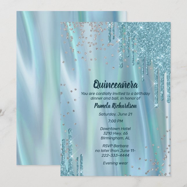 Invitación Seda glamorosa y Purpurina mira Quinceañera Invita (Anverso / Reverso)