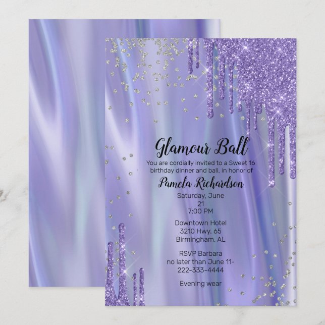 Invitación Seda glamorosa y Purpurina parecen dulces dieciséi (Anverso / Reverso)