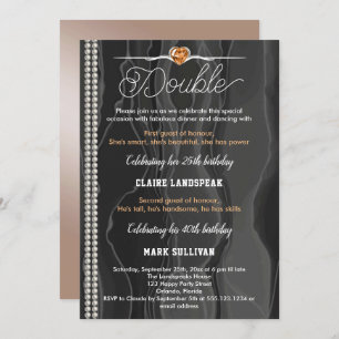 Invitación Seda negra, perlas y Naranja cumpleaños conjunto d