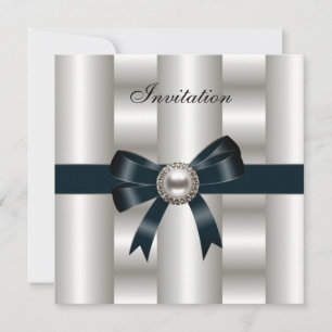 Invitación Seda Plata Crema Lazo Negro