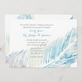 Invitación Seenidad, plumas de color azul y púrpura