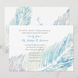 Invitación Seenidad, plumas de color azul y púrpura