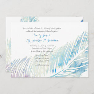 Invitación Seenidad, plumas de color azul y púrpura