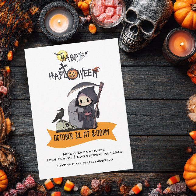 Invitación Segador Cuervo Negro Cementerio Niños Halloween (Subido por el creador)