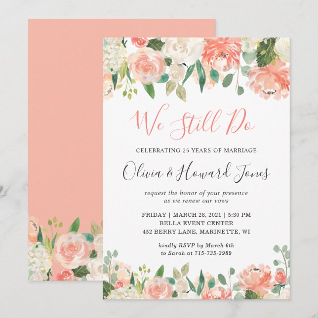 Invitación Seguimos Jurando Renovación Coral Peach Garden Flo (Anverso / Reverso)