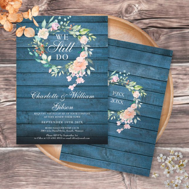 Invitación Seguimos Jurando Renovación Floral Azul De Madera  (Subido por el creador)