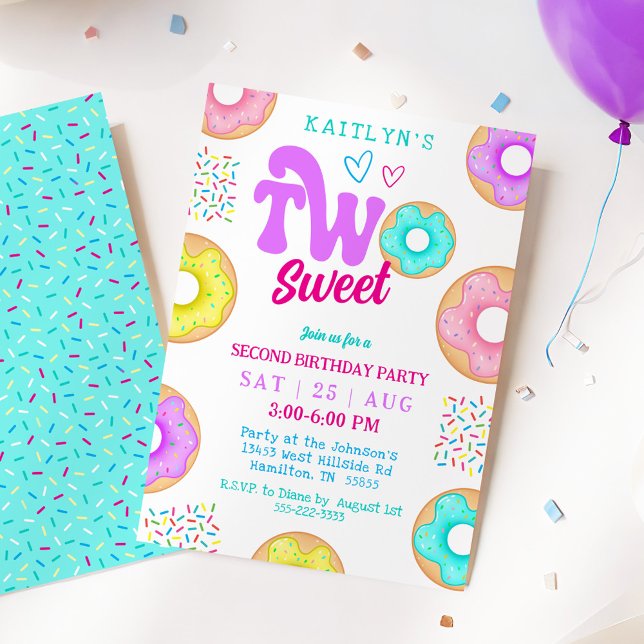Invitación Segunda Fiesta de Cumpleaños de Dos Dulces Donas c (Two Sweet Sprinkle Doughnut Second Birthday Party Invitation)