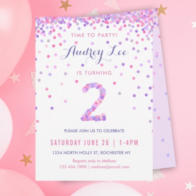 Invitación Segunda fiesta de cumpleaños de los chicas (Pink and purple confetti for your 2 year old's birthday party!)
