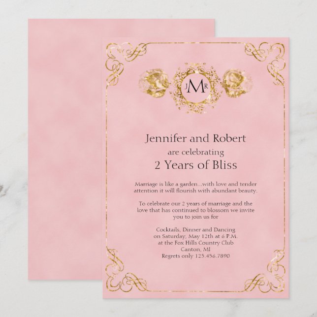 Invitación Segundo aniversario Boda de Rubor y Gold Cotton (Anverso / Reverso)