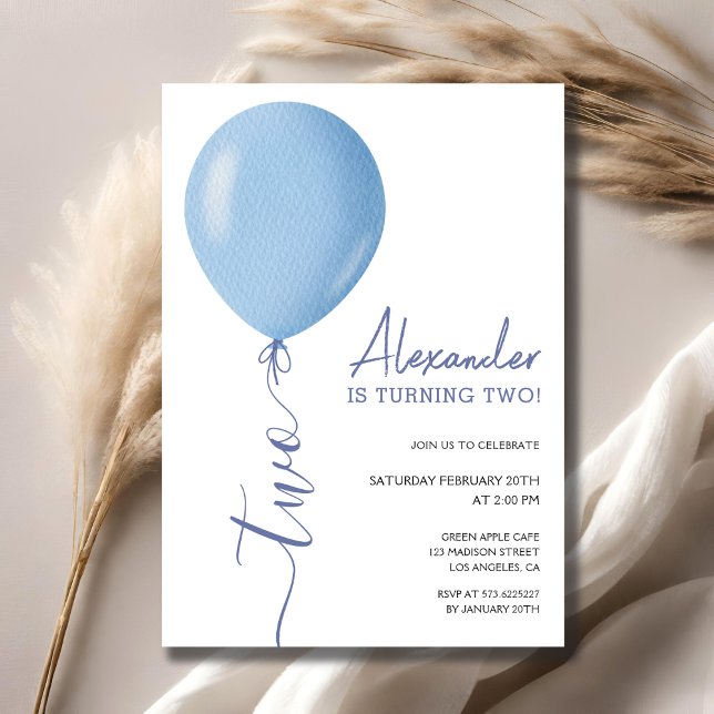 Invitación Segundo cumpleaños de Blue Balloon Boy minimalista (Subido por el creador)