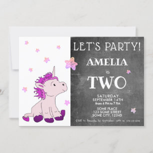 Invitación Segundo cumpleaños de Chalkboard Cute Pink Unicorn