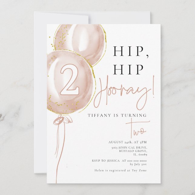 Invitación Segundo cumpleaños de Chica de globo rosa (Anverso)