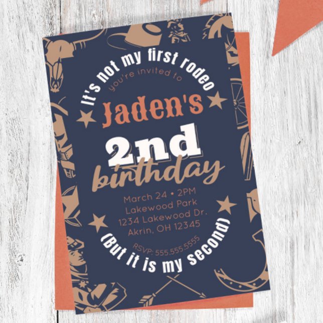 Invitación Segundo cumpleaños de Cowboy "No es mi primer rode ("it's not my first rodeo, it's my second" 2nd birthday cowboy theme birthday party invitation custom)