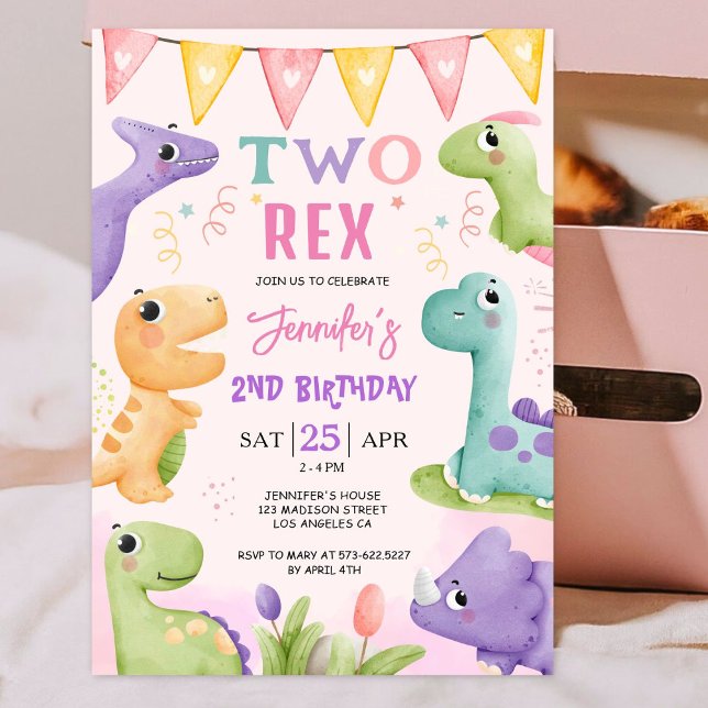 Invitación Segundo cumpleaños de Dinosaurio Chica Cute dos Re (Subido por el creador)
