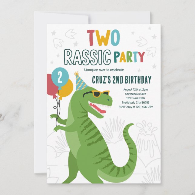 Invitación Segundo cumpleaños de Dinosaurio Fiesta T-Rex (Anverso)