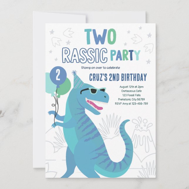 Invitación Segundo cumpleaños de Dinosaurio Fiesta T-Rex (Anverso)