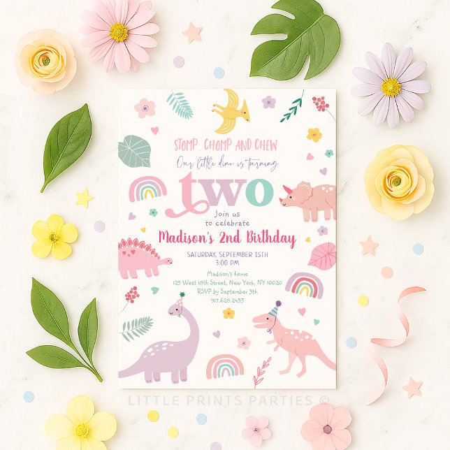 Invitación Segundo cumpleaños de Dinosaurio Rosa Girly (Subido por el creador)