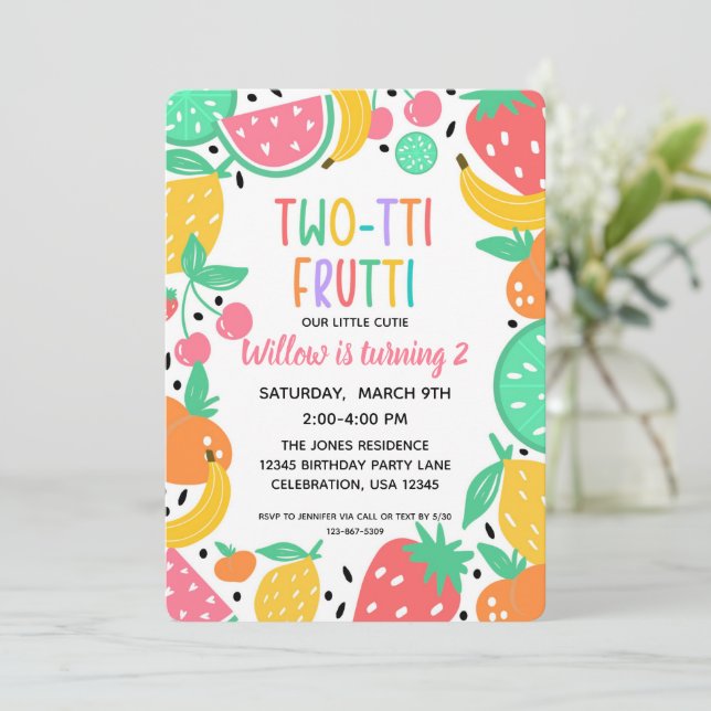 Invitación Segundo cumpleaños de dos Chicas de la Fruta (Anverso de pie)