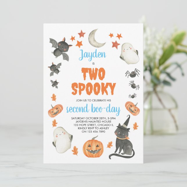 Invitación Segundo cumpleaños de dos niños fantasmas (Anverso de pie)
