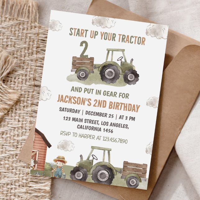 Invitación Segundo cumpleaños de Farm Green Tractor (Subido por el creador)