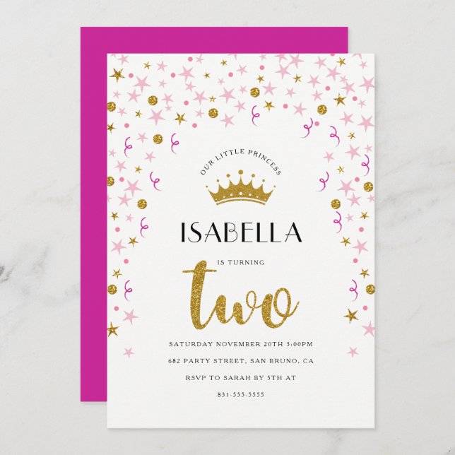 Invitación Segundo cumpleaños de la princesa| Confetti dorado (Anverso / Reverso)