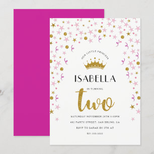 Invitación Segundo cumpleaños de la princesa  Confetti dorado