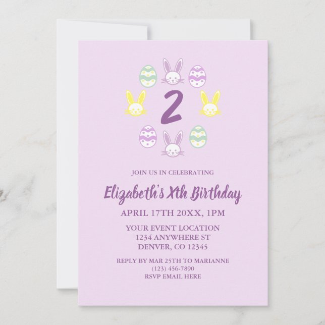 Invitación Segundo cumpleaños de Lavender Easter (Anverso)