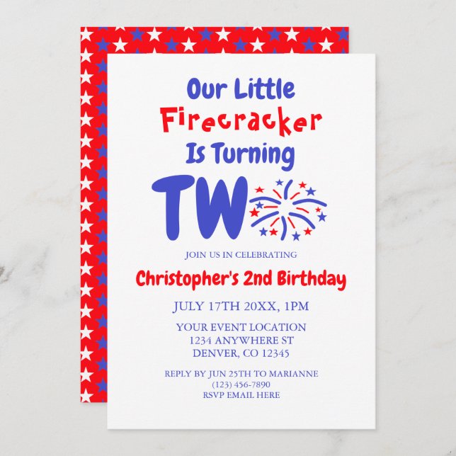 Invitación Segundo cumpleaños de Little Firecracker (Anverso / Reverso)