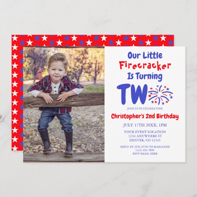 Invitación Segundo cumpleaños de Little Firecracker (Anverso / Reverso)