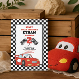 Invitación Segundo cumpleaños de niño con coche de raza roja