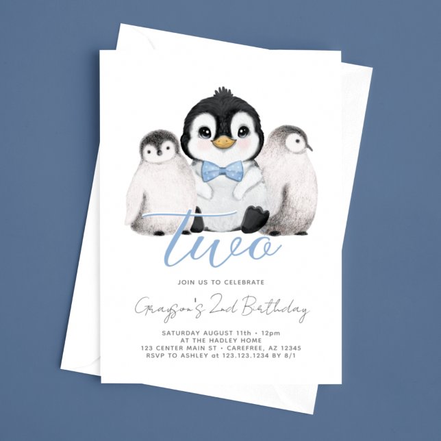 Invitación Segundo cumpleaños de niños de pingüino de Cute (Subido por el creador)