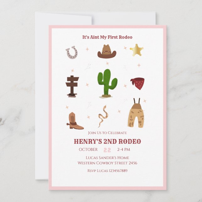 Invitación Segundo cumpleaños de niños de Rodeo Cowboy Rosado (Anverso)