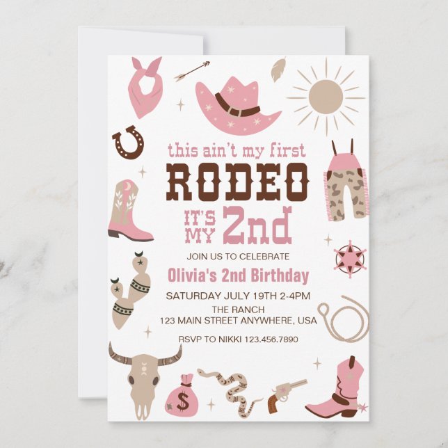 Invitación Segundo cumpleaños de Rodeo Western Cowgirl (Anverso)