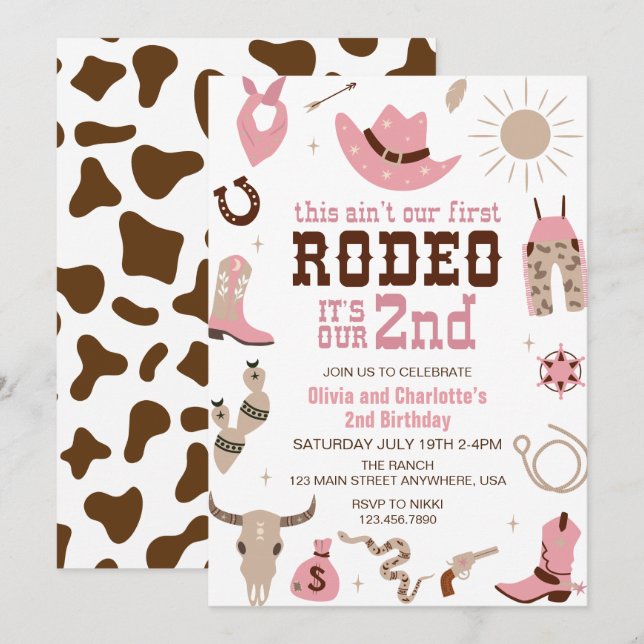 Invitación Segundo cumpleaños de Rodeo Western Cowgirl (Anverso / Reverso)