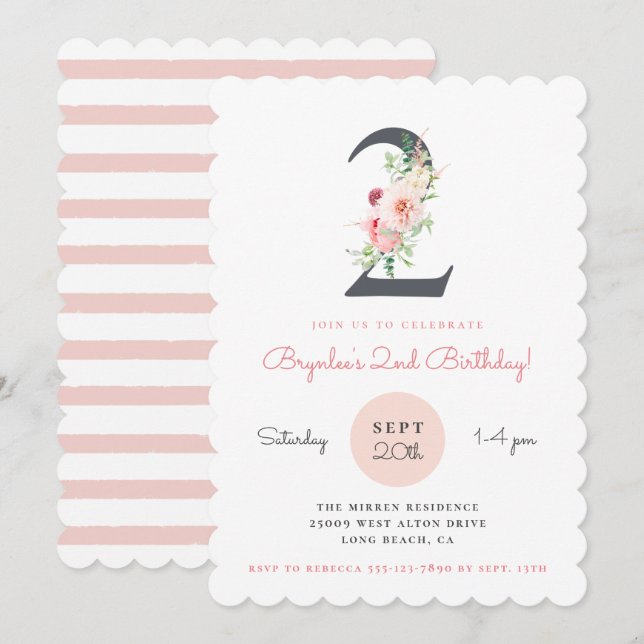 Invitación Segundo cumpleaños de Rubor Pink Floral (Anverso / Reverso)