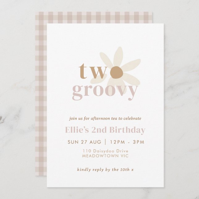 Invitación Segundo cumpleaños de Rubor Pink "Two Groovy" Boho (Anverso / Reverso)