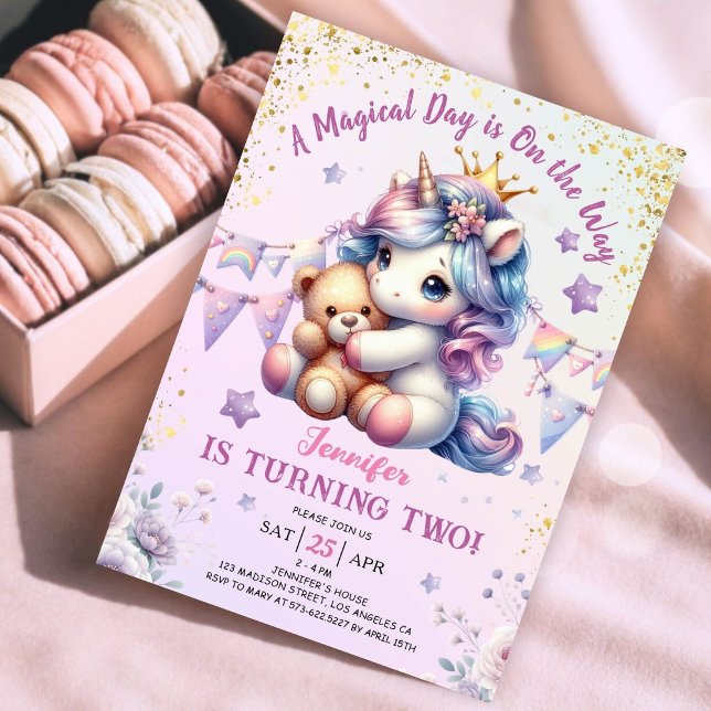 Invitación Segundo cumpleaños de unicornio invitan a Chica a  (#UnicornBirthdayInvitation #UnicornBirthdayInvitationTemplate #UnicornBirthdayInvitationEditable 
)