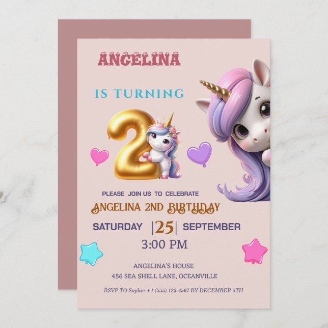 Invitación Segundo cumpleaños de unicornio invitan a Chica mo (Anverso / Reverso)