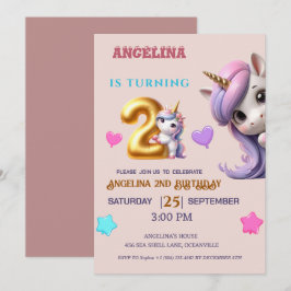 Invitación Segundo cumpleaños de unicornio invitan a Chica mo