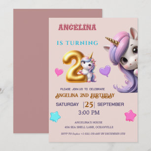 Invitación Segundo cumpleaños de unicornio invitan a Chica mo