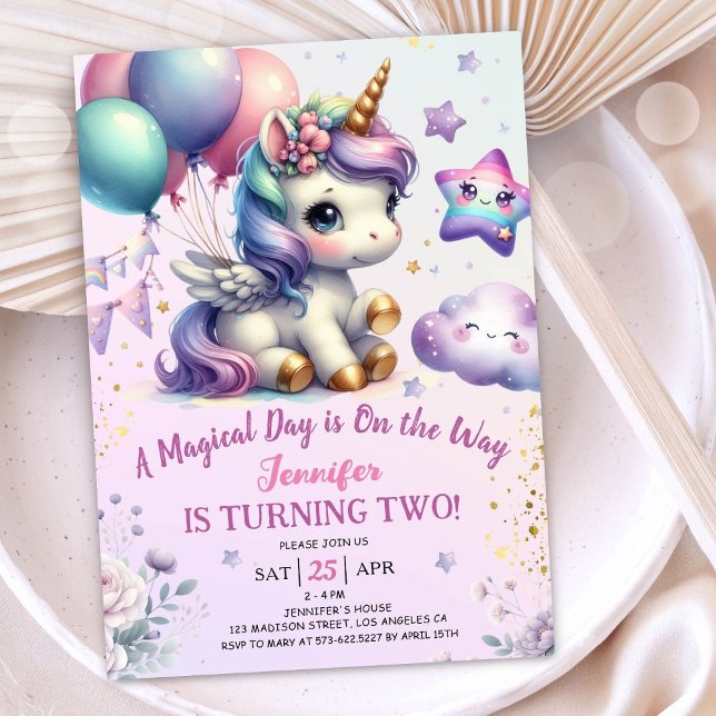 Invitación Segundo cumpleaños de unicornio invitan a Chica mo (#UnicornBirthdayInvitation #UnicornBirthdayInvitationTemplate #UnicornBirthdayInvitationEditable 
)