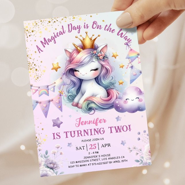 Invitación Segundo cumpleaños de unicornio invitan a Chica ro (#UnicornBirthdayInvitation #UnicornBirthdayInvitationTemplate #UnicornBirthdayInvitationEditable 
)