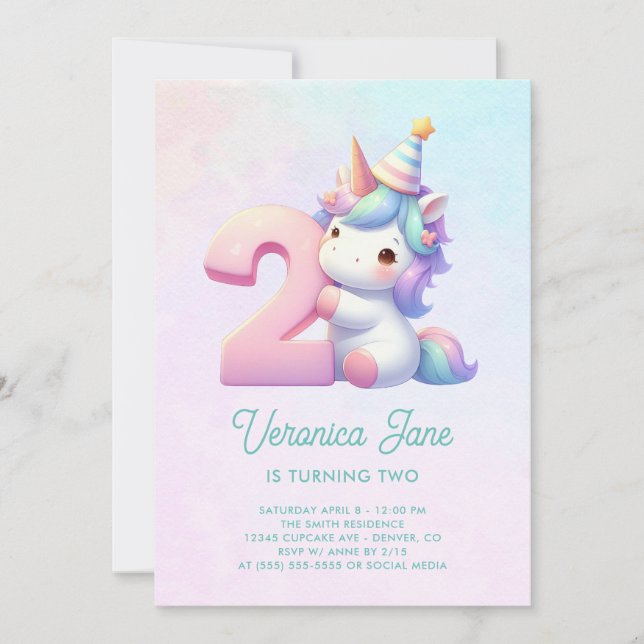 Invitación Segundo cumpleaños de unicornio verde azulado y ro (Anverso)