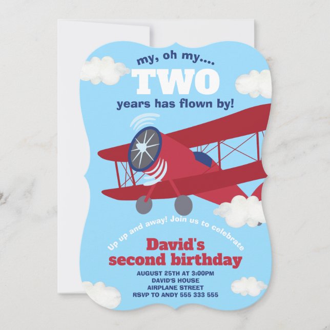 Invitación Segundo cumpleaños del avión, niño volado dos años (Anverso)