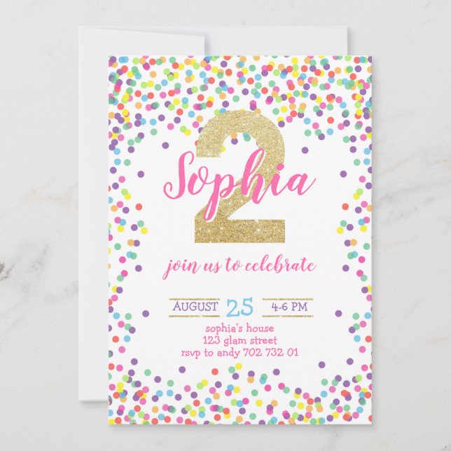Invitación Segundo cumpleaños del Chica de oro del Confetti a (Anverso)
