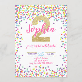 Invitación Segundo cumpleaños del Chica de oro del Confetti a
